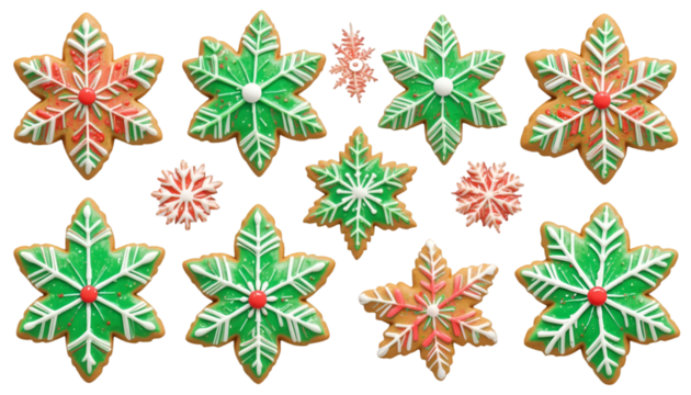 A festive array of snowflake shaped cookies decorated with icing on a black background surface view .