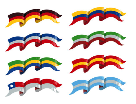 8 patriotic ribbons inspired by the national colors of Argentina, Colombia, Italy, Brazil, France, Chile, Mexico, Spain, and Germany. Perfect for multicultural design, celebrations, and holidays. - Powered by Adobe