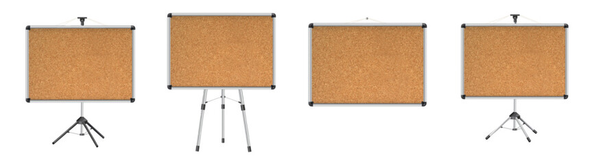 Cork board with wood frame. Empty corkboard with brown texture on transparent background. Business noticeboard. Vector