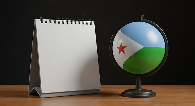 Blank desk calendar and Djibouti flag globe on wooden table, business concept - Powered by Adobe