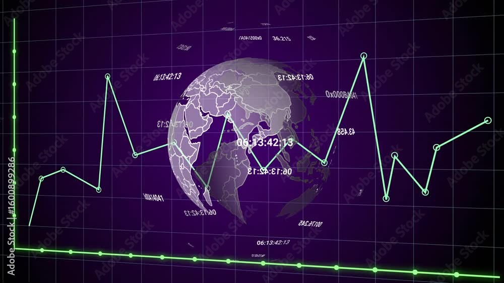 Poster after launch showing dark purple grid, translucent 3d globe rotating and chart updating data trends