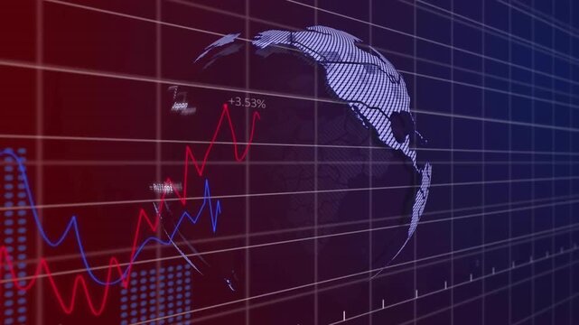 Arrow flickering over grid initiating lines sliding forming rotating 3D globe showing data trends
