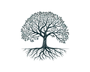 This detailed, graphic illustration showcases a majestic tree, meticulously rendered with intricate details of the leaves and roots