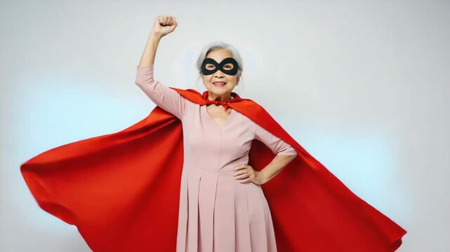Confident Asian Senior Woman Dressed as Superhero with Red Cape and Mask Smiling Proudly, striking a Superhero Pose