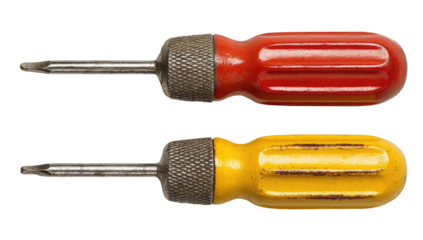 Two vintage-style screwdrivers, red and yellow, side-by-side