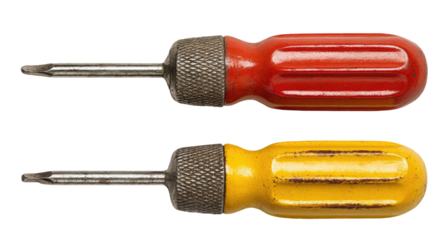 Two vintage-style screwdrivers, red and yellow, side-by-side