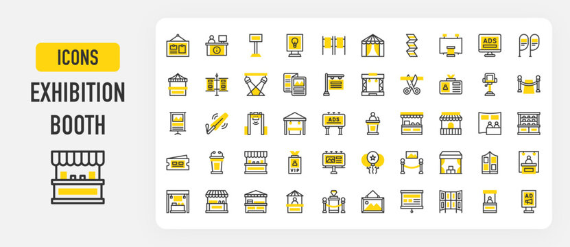 Exhibition booth icons. Booth, Exhibitor, Stand, Snack Booth, Pop, Spotlights, Billboard, Information, Opening Ceremony, Bow Flags, Speech, Brochure, Light vector stroke illustration.	
