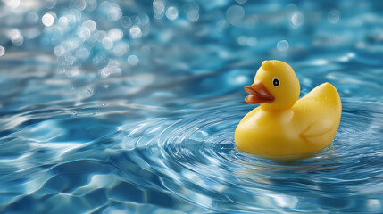 Cheerful yellow rubber duck floating in blue pool water