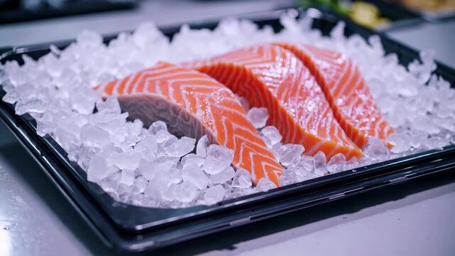 Fresh salmon filets on ice display in seafood market with glowing orange hues