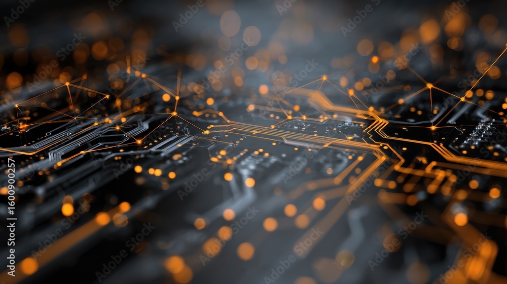 Poster the image depicts an abstract digital circuit board with a network overlay, suggesting connectivity 