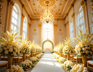 A stunning picture of a grand cathedral aisle that leads to an elaborate altar and is beautifully adorned with white roses and other lush floral arrangements.