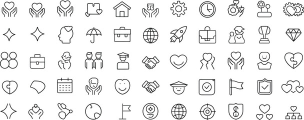 Minimal line icons, business success, teamwork, love care, protection symbol, support icons, emotional intelligence, leadership, global connection, partnership