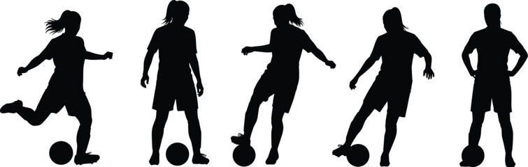 Silhouettes of soccer players in dynamic poses, kicking, controlling and standing with soccer balls, isolated on white for sports designs