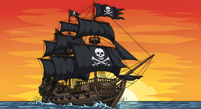 Classic Pirate Ship with Black Sails and Jolly Roger Flags Sailing on Ocean at Golden Sunset, Adventure Journey Illustration
