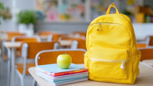 Bright yellow backpack beside textbooks and a green apple in a sunny classroom during the school season - Powered by Adobe