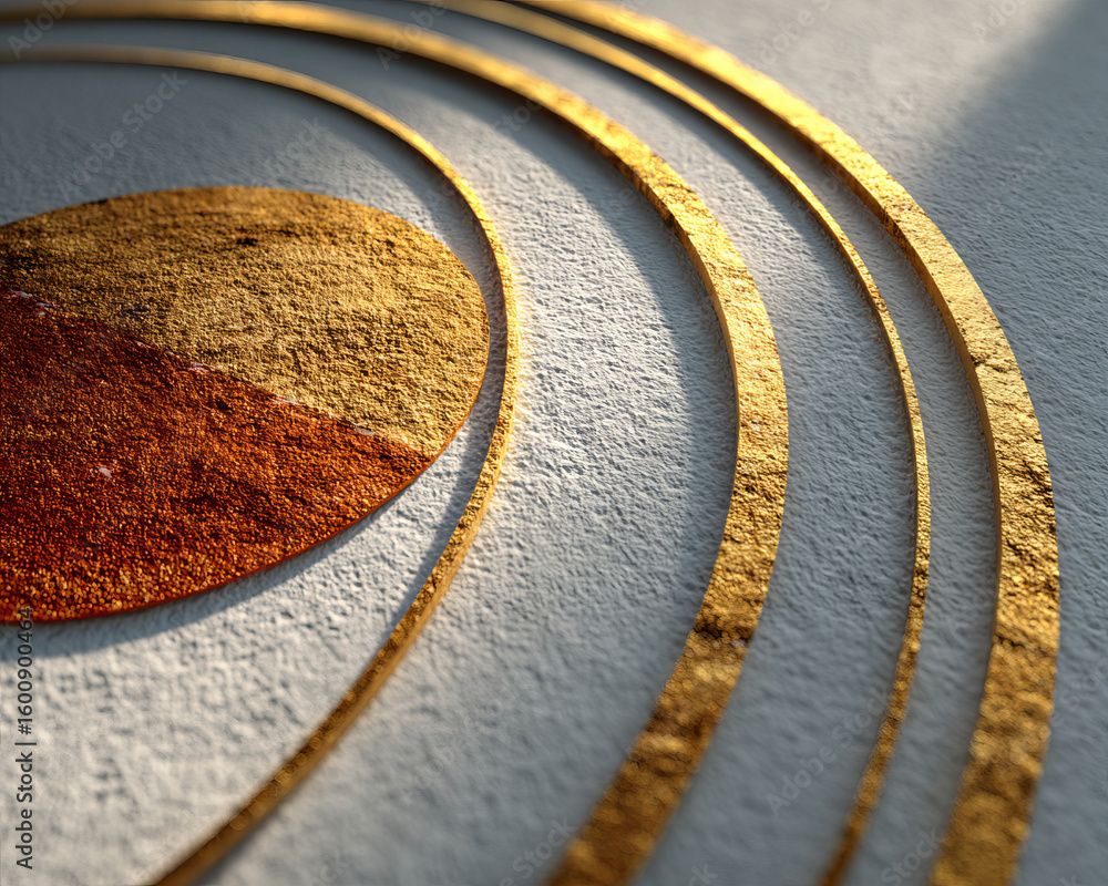Poster golden textured thin lines and circle on rough surface create elegant minimalist abstract design wit