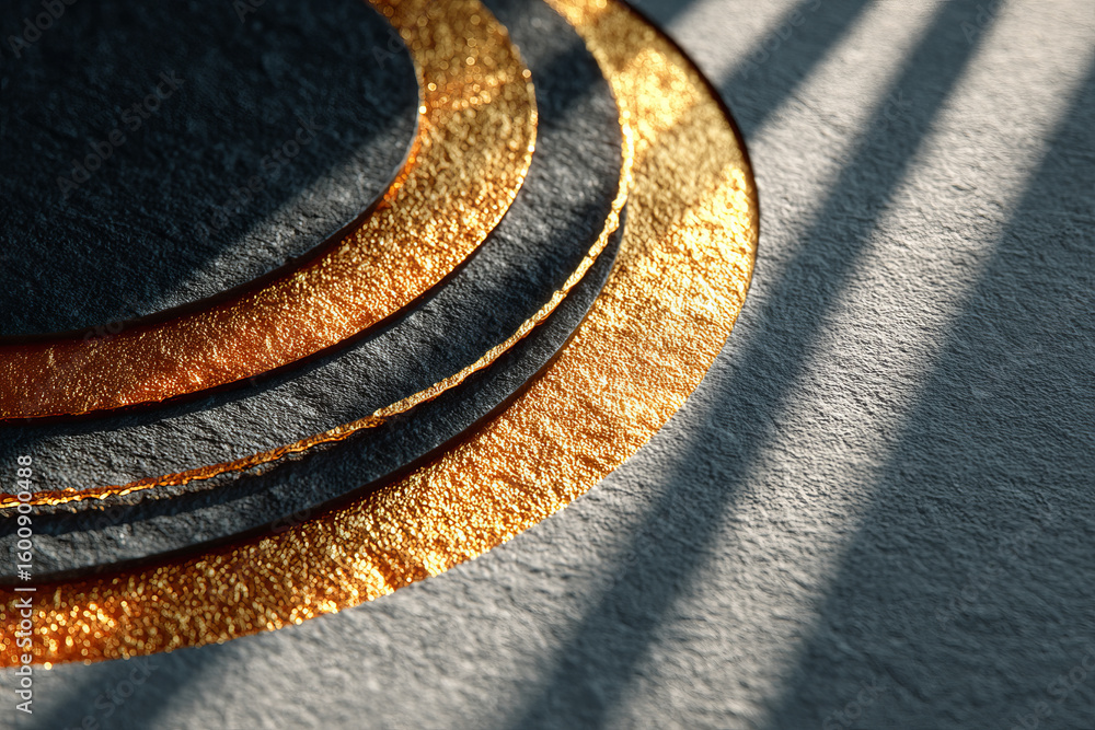 Poster golden textured rings on rough gray surface with soft shadows create elegant minimalist composition 