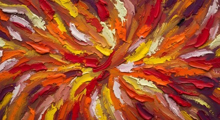 Abstract impressionist painting with thick strokes of red, orange, yellow, purple, and white paint on canvas.