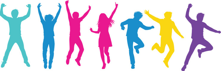 Happy jumping people silhouettes, colorful youth celebration, dancing motion figures, energetic pose collection, party crowd vector art