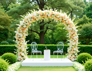 Wedding reception tables with a green accent and an outdoor summer wedding tent embellished with hanging greenery.