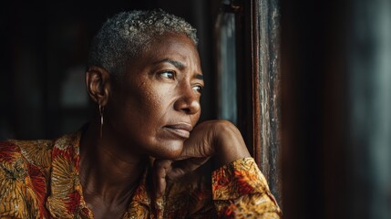 Mature African woman uncertain, looking outside window. Thoughtful mid-adult woman contemplating her future business after the pandemic. Doubtful lady at home.