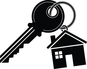 House Key and Keychain Silhouette, Black Vector Clipart of Real Estate Access Symbol, Home Ownership Concept Icon for Property Design, Rental, Editorial Use
