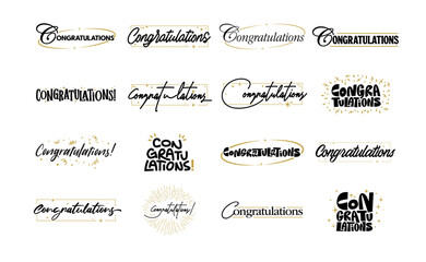 Congratulations banner lettering design bundle. Elegant, Fun and joyful typographic messages with confetti and gold frames.