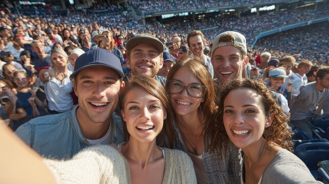Joyous Friends Taking Selfie at Baseball Game with Lively Stadium Atmosphere