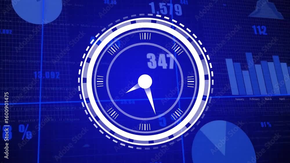 Poster 3d white segmented dial emerging from left, rotating into view, sweeping needle showing data trends