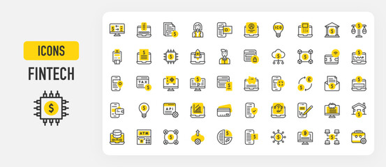 Fintech icons. Register, Api, Digital Signature, Documentation, Bank, Mining, Saas, Crowfunding, Big Data, Idea, Exchange, Balance, Password, Startup vector stroke illustration.	
