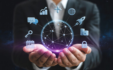Businessman holding a glowing digital globe surrounded by business and technology icons symbolizing global connectivity and innovation
