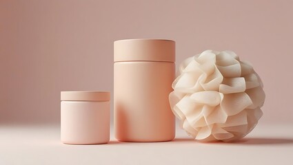 Minimalist Bathroom Essentials in Pastel Pink Aesthetic for Modern Self Care and Wellness Products Presentation