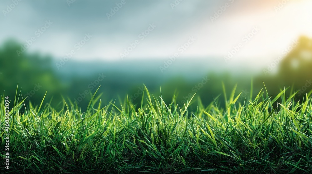 Aufkleber close up of lush green grass with scenic background and space for text overlay in a serene nature se