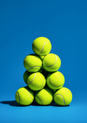Green vibrant tennis balls arranged in pyramid shape on blue background