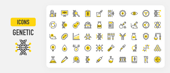 Genetic icons. Metabolism, Centrifuge, Medicine, Search, Fertilization, Petri Dish, Antibody, Nuclear, Genetic, Growth, Cell Division, Blood, Genome vector stroke illustration.	
