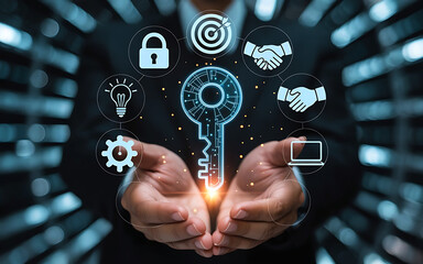 Businessman holding a glowing digital key surrounded by icons representing business success and security