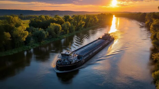 A side profile of a hopper barge navigating through a narrow channel flanked by lush greenery on either side against the backdrop of a setting sun casting vibrant hues over the scene.