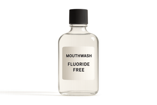 Glass bottle of fluoride free mouthwash on transparent background