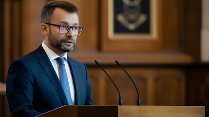Businessman delivering a speech at a corporate event or politician addressing a press conference