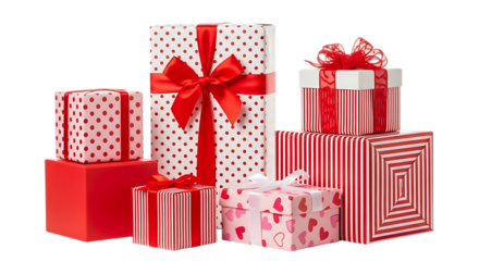 Illustration of a collection of beautifully wrapped gift boxes in various red and