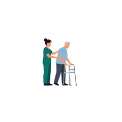 A compassionate nurse provides gentle assistance to an elderly man using a walker for improved mobility.