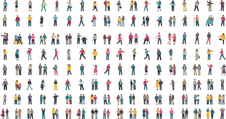 Large set of diverse human silhouette illustrations, various standing and walking poses, social activities, fashion styles, black vector people collection, isolated on white