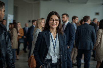 Obraz premium Confident young woman in business attire at a conference event