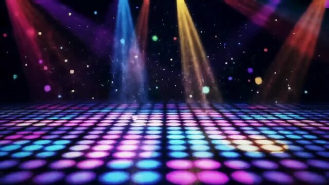 Colorful stage lights entertainment background. Vintage disco lights dance floor stage background. Drama light, virtual concert, disco dance floor student party. stage podium with spotlighting