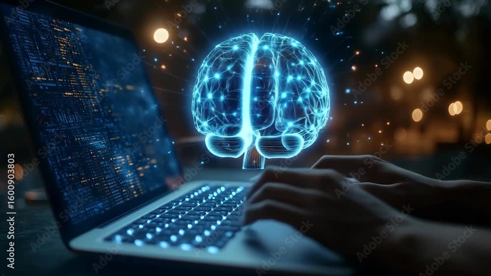 Poster conceptual image of a person typing on a laptop with a glowing neural brain hologram above, symboliz