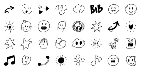 Hand-Drawn Doodle Icons: A collection of playful, monochrome line art illustrations featuring expressive faces, symbols, and arrows, perfect for design projects.