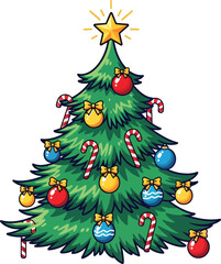 Christmas Tree with Star, Ornaments, and Candy Canes. Festive Holiday Vector Illustration Isolated on White Background.