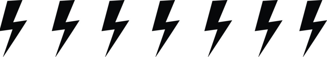 Lightning bolt icon set, vector electricity symbols, high voltage graphics, power surge design, energy flash illustrations, bold black and white minimal layout