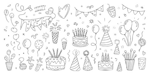 Birthday Party Doodle Collection: A cheerful line art illustration features a delightful array of party elements, including cakes, balloons, party hats, and fireworks, perfect for celebratory designs.