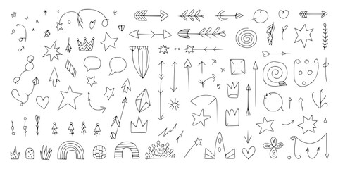 Obraz premium Hand-Drawn Doodle Collection: A whimsical black and white illustration features a diverse set of hand-drawn arrows, stars, crowns, and other decorative elements, perfect for design projects.